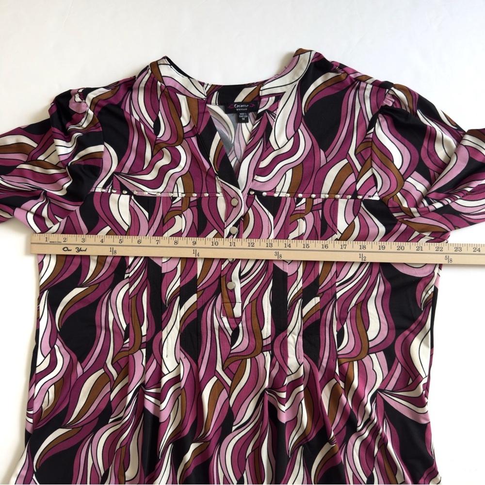 Cocomo Tunic Blouse Womens 1X Pink Black V Neck 3/4 Roll Tab Sleeve Swirl Hippie - Picture 9 of 11